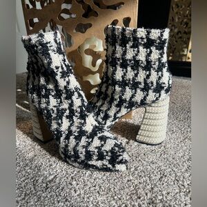 Betsey Johnson Black and White Houndstooth Pearl and Rhinestone Platform Boots